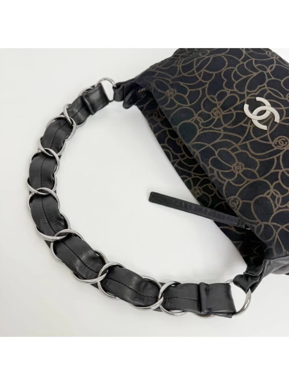 Chanel Camellia Print CC Logo Chain Shoulder Bag Suede Leather Black Silver